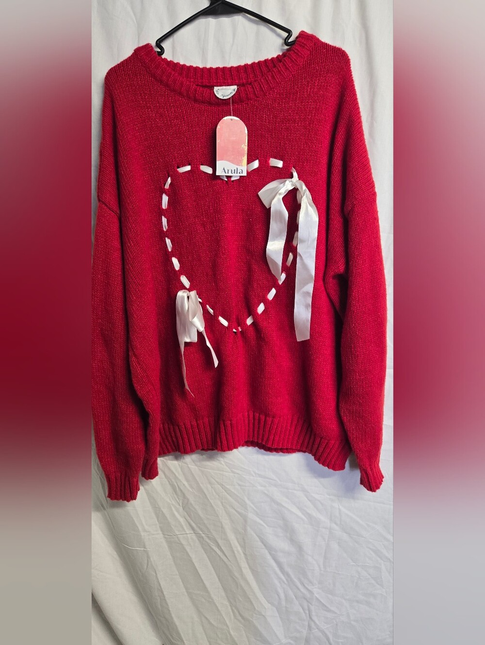 ARULA Red Crewneck Sweater with White Ribbon Heart Womens XL